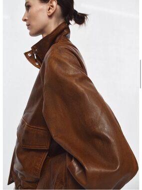 Zara Leather Collection Chestnut Brown Bomber Jacket 100% Genuine Leather